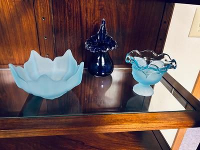 FENTON COBALT BLUE WITH WHITE RIBBON VASE AND 2 VIKING SATIN BLUE DISHES