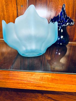 FENTON COBALT BLUE WITH WHITE RIBBON VASE AND 2 VIKING SATIN BLUE DISHES