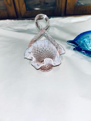PRETTY IRIDESCENT, WHITE AND PINK RUFFLED FENTON HOBNAIL BASKET AND MURANO BLUE GLASS FISH BOWL