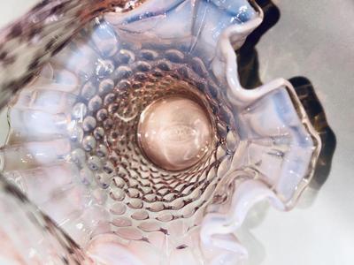 PRETTY IRIDESCENT, WHITE AND PINK RUFFLED FENTON HOBNAIL BASKET AND MURANO BLUE GLASS FISH BOWL