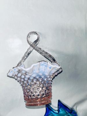 PRETTY IRIDESCENT, WHITE AND PINK RUFFLED FENTON HOBNAIL BASKET AND MURANO BLUE GLASS FISH BOWL