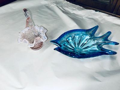PRETTY IRIDESCENT, WHITE AND PINK RUFFLED FENTON HOBNAIL BASKET AND MURANO BLUE GLASS FISH BOWL