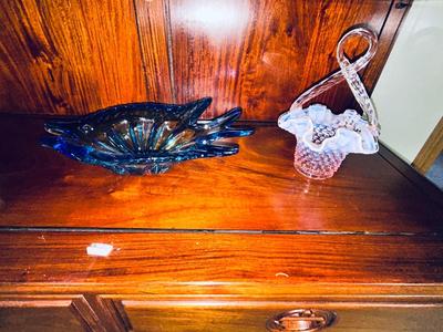 PRETTY IRIDESCENT, WHITE AND PINK RUFFLED FENTON HOBNAIL BASKET AND MURANO BLUE GLASS FISH BOWL