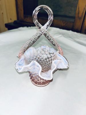 PRETTY IRIDESCENT, WHITE AND PINK RUFFLED FENTON HOBNAIL BASKET AND MURANO BLUE GLASS FISH BOWL
