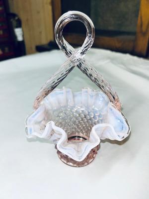 PRETTY IRIDESCENT, WHITE AND PINK RUFFLED FENTON HOBNAIL BASKET AND MURANO BLUE GLASS FISH BOWL