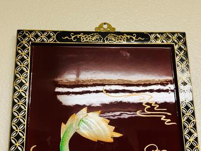 2 MOTHER OF PEARL CARVED DRAGONS ON BLACK LACQUER PANELS