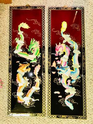 2 MOTHER OF PEARL CARVED DRAGONS ON BLACK LACQUER PANELS