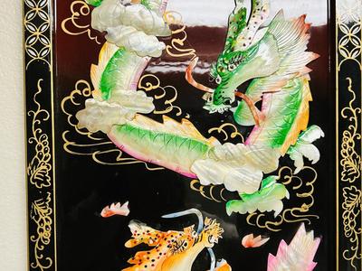 2 MOTHER OF PEARL CARVED DRAGONS ON BLACK LACQUER PANELS