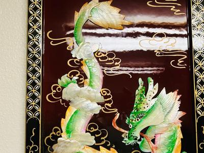 2 MOTHER OF PEARL CARVED DRAGONS ON BLACK LACQUER PANELS
