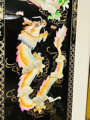 2 MOTHER OF PEARL CARVED DRAGONS ON BLACK LACQUER PANELS