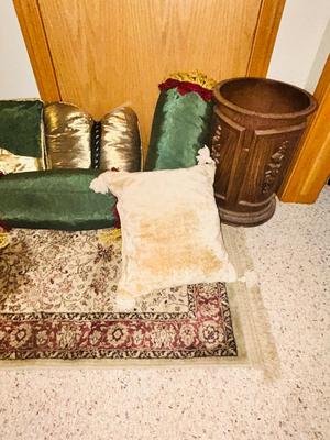 RUG, THROW PILLOWS AND WASTE BASKET