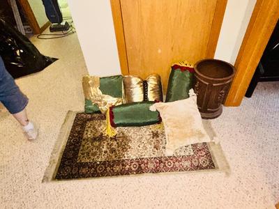 RUG, THROW PILLOWS AND WASTE BASKET
