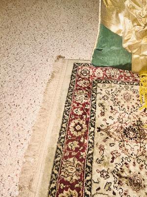 RUG, THROW PILLOWS AND WASTE BASKET