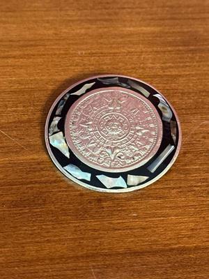Vintage Sterling Silver Brooch Mexican Alpaca Mayan Calendar Inlaid Abalone
