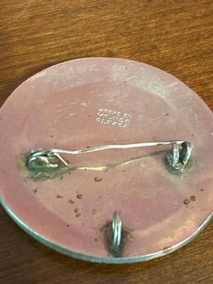 Vintage Sterling Silver Brooch Mexican Alpaca Mayan Calendar Inlaid Abalone