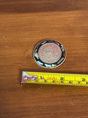 Vintage Sterling Silver Brooch Mexican Alpaca Mayan Calendar Inlaid Abalone