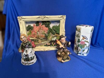 TABLE TOP BATTERY OPERATED FOUNTAIN, OLD COUPLE FIGURINES & ELIZABETH ARDEN LIDDED VASE