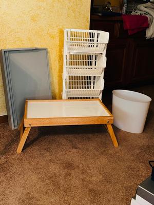 4 TIER BASKET ORGANIZER, LAP AND SERVING TRAYS, CHAIR ARM ORGANIZER AND MORE