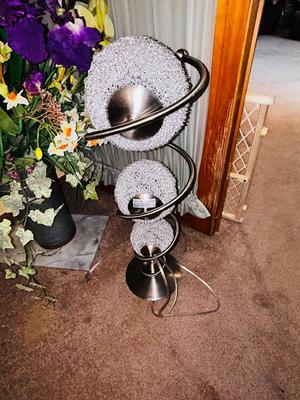 MID-CENTURY PLASTIC SPHERE TABLE LAMP AND BEAUTIFUL ARRANGEMENT IN GALVANIZED CAN