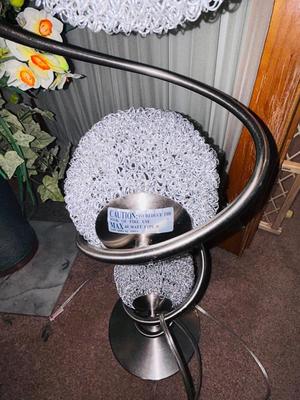 MID-CENTURY PLASTIC SPHERE TABLE LAMP AND BEAUTIFUL ARRANGEMENT IN GALVANIZED CAN