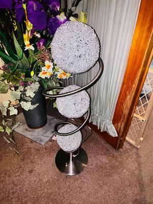 MID-CENTURY PLASTIC SPHERE TABLE LAMP AND BEAUTIFUL ARRANGEMENT IN GALVANIZED CAN
