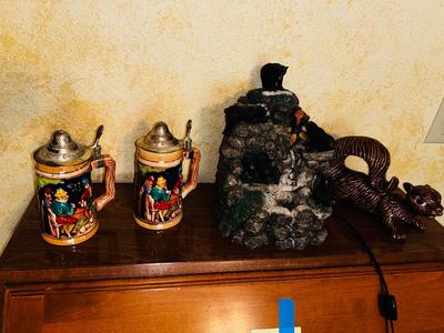 BEAR FOUNTAIN, VINTAGE CERAMIC SQUIRREL AND STEINS