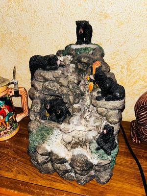 BEAR FOUNTAIN, VINTAGE CERAMIC SQUIRREL AND STEINS