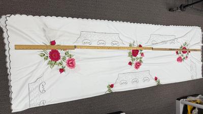 Vintage Tablecloth with Floral Design of pink roses and green leaves