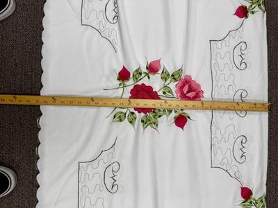 Vintage Tablecloth with Floral Design of pink roses and green leaves