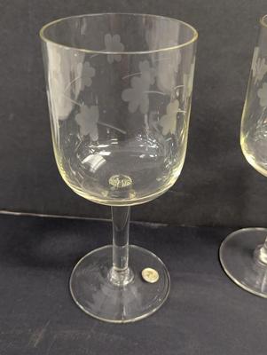 Vintage Etched Flowers Crystal Wine Glasses Mid-Century Modern Made In Romania