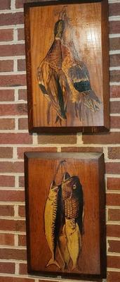 2 Wood Wall Art Pheasant & Fish 15x22