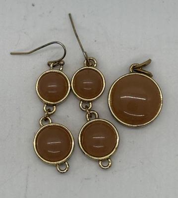 Costume Jewelry Earrings & Pendant gold tone encased polished stone