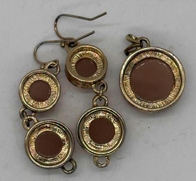 Costume Jewelry Earrings & Pendant gold tone encased polished stone