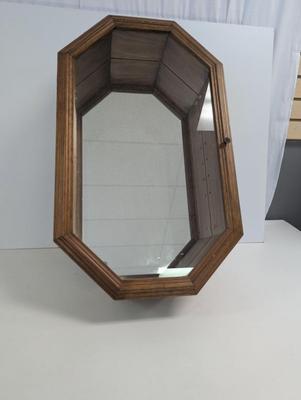 Wooden Octagon Home Decor Mirror Display Cabinet With Glass Shelves