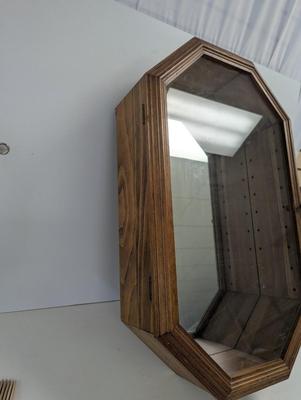 Wooden Octagon Home Decor Mirror Display Cabinet With Glass Shelves