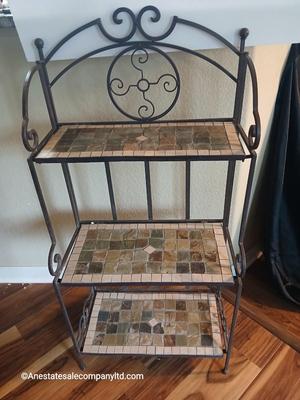 Folding Metal & Mosaic Tile Baker’s Rack – 3 Shelves with Scroll Detail