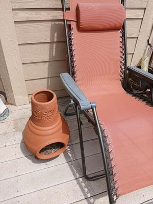 Outdoor Patio Lot – Terracotta Chiminea Planter & Bliss Zero Gravity Recliner