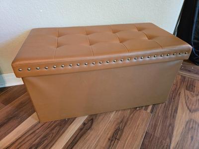Tufted Faux Leather Storage Bench – Studded Trim, Camel Brown