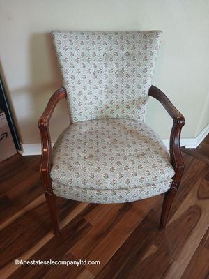 Vintage Upholstered Accent Chair with Floral Damask Fabric & Carved Wood Arms