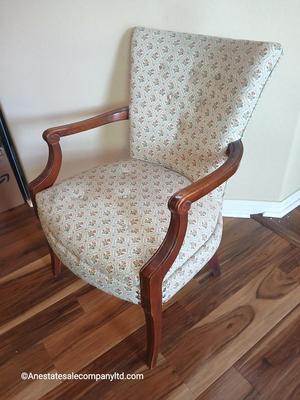 Vintage Upholstered Accent Chair with Floral Damask Fabric & Carved Wood Arms