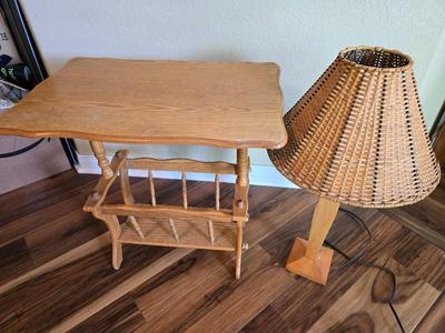 Wood Side Table with Magazine Rack & Woven Shade Table Lamp