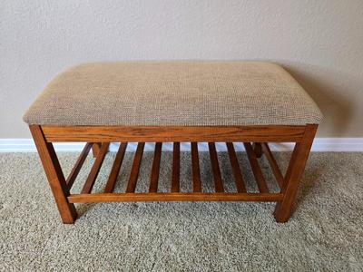 Mission-Style Upholstered Entry Bench with Slatted Shelf