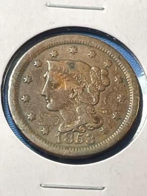 1853 CIRCULATED CONDITION U.S. LARGE CENT AS PICTURED.