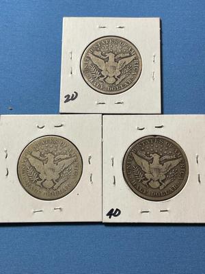 1905-P, 1907-O, & 1908-O CIRCULATED CONDITION BARBER SILVER HALF DOLLARS AS PICTURED.