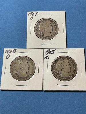 1905-P, 1907-O, & 1908-O CIRCULATED CONDITION BARBER SILVER HALF DOLLARS AS PICTURED.