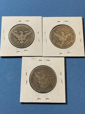 1909-S, 1910-S, & 1911-P CIRCULATED CONDITION BARBER SILVER HALF DOLLARS AS PICTURED.