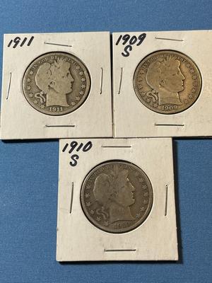 1909-S, 1910-S, & 1911-P CIRCULATED CONDITION BARBER SILVER HALF DOLLARS AS PICTURED.