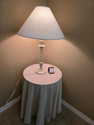 Classic White Table Lamp with Skirted Round wood Accent Table & Alarm Clock