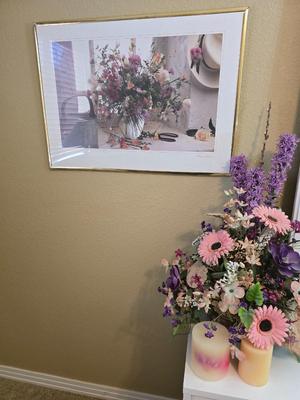 Framed Kathryn Kaaren Floral Print, Faux Arrangement & Candle Decor Lot