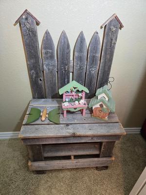 Rustic Pallet Bench with Decorative Garden Birdhouses & Folk Art Accents